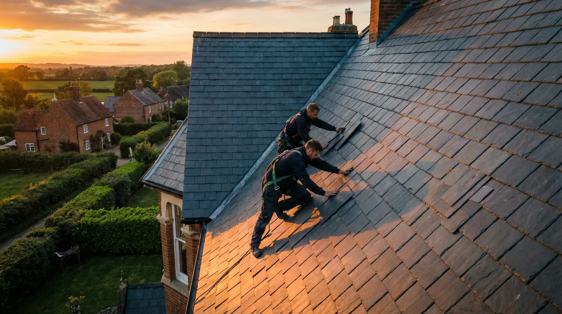 Professional roofers working on a slate roof at sunset